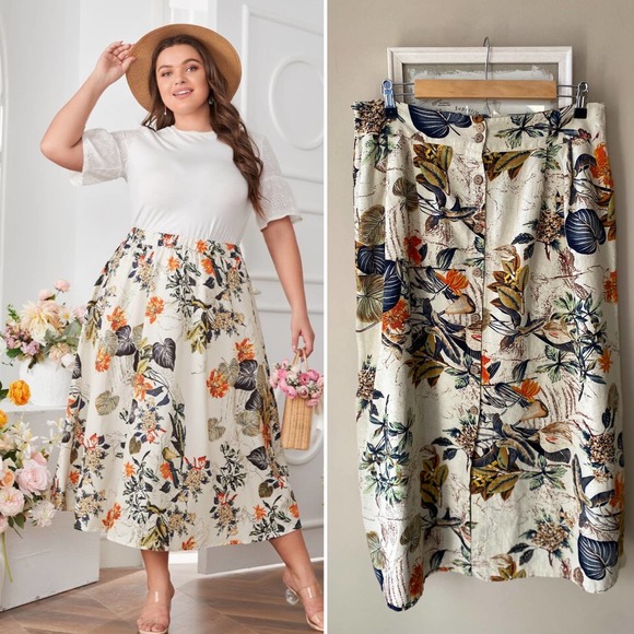 unbranded Dresses & Skirts - Tropical Print Linen Button-Up Midi Skirt, L/G